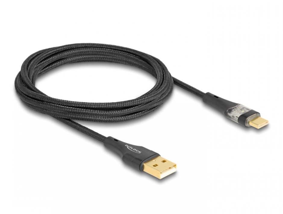 Imagine Cablu USB 2.0-A la USB type C T-T Fast Charging 60W 2m brodat Negru, Delock 80761